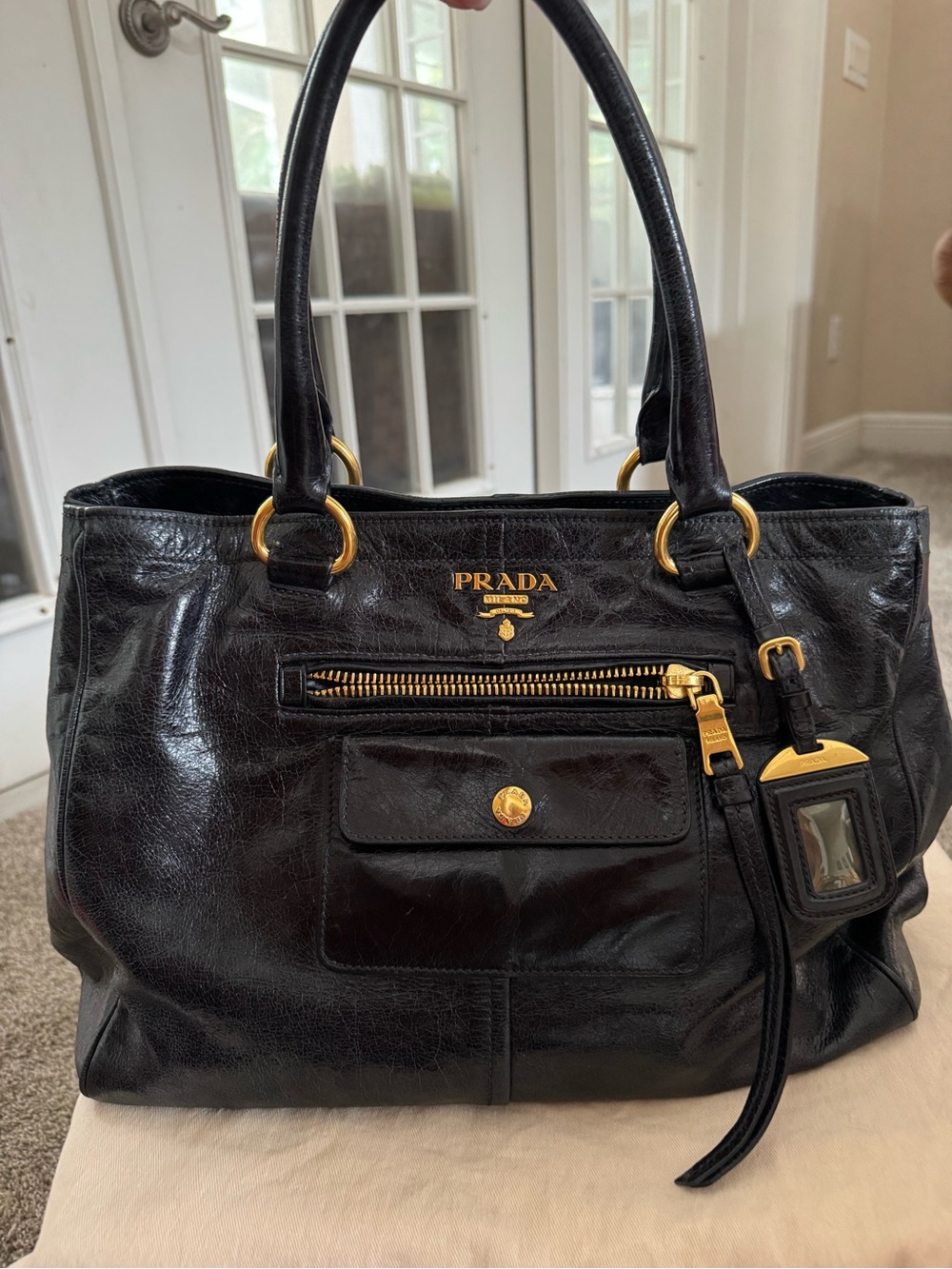 Prada Black Leather Shoulder Bag with Gold Hardware